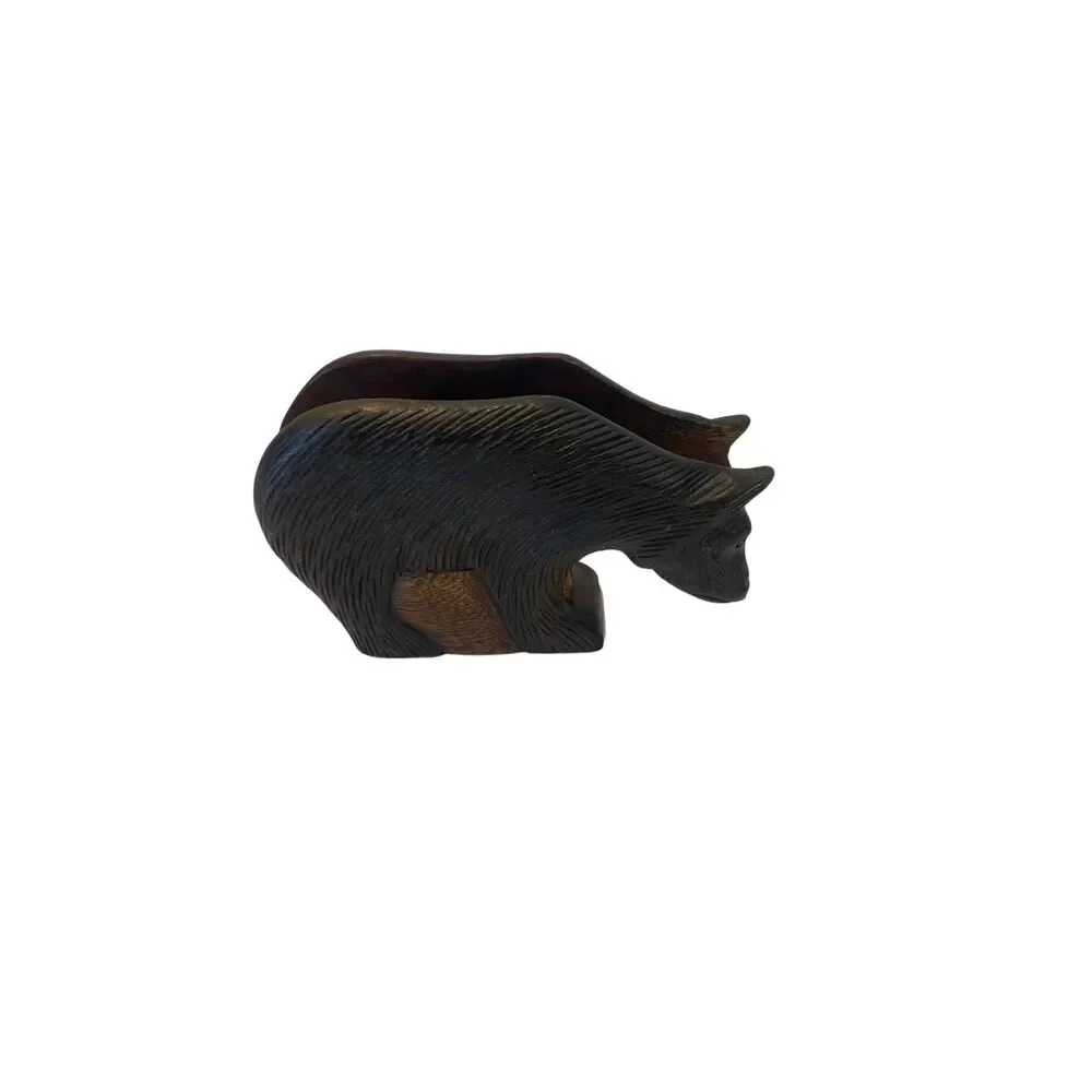 VTG Hand Carved Wood Brown Bear Napkin Holder Thailand Cabin Rustic